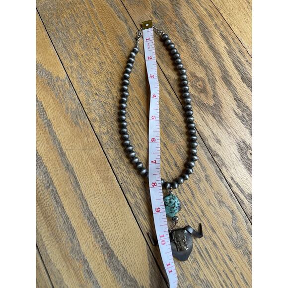 Southwestern Faux Turquoise/Navajo Pearl Necklace Silver Tone Cow Skull Rodeo - Picture 7 of 8